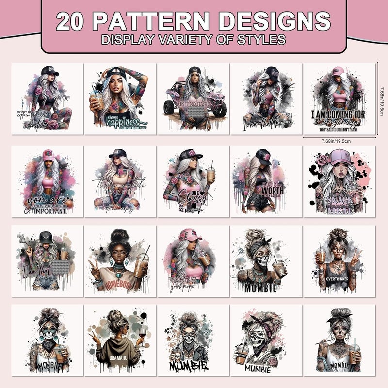 Shejdgart Dtf Transfers Ready to Press - 20 Pcs Cool Style Girls Heat Transfer Vinyl Stickers Funny Mama Skull Coffee Iron on Patches Decals for T-Shirts Clothes Bag Pillow DIY Fabric Decor - Image 2